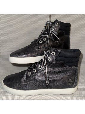 Timberland Dausette High Black Metallic Leather Lace Up Sneakers Women Size 6.5